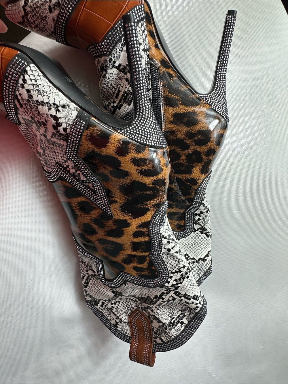 Leopard & Snake-Print Pointed Western Ankle Boots - Women's Brown/White - Picture 15 of 16